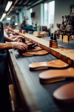 Leather production process in shoe factory - artisan craftsmanship and modern industrial techniques