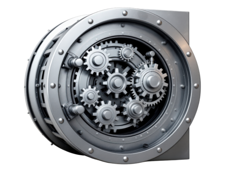 A large metallic vault door with multiple interlocking gears and a mechanical locking mechanism.