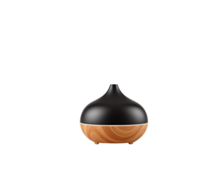 Modern essential oil diffuser with a sleek black top and wood grain base.