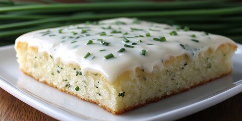 Slice of Savory Sour Cream and Chive Cake with Herb Icing on White Plate, Gourmet Food
