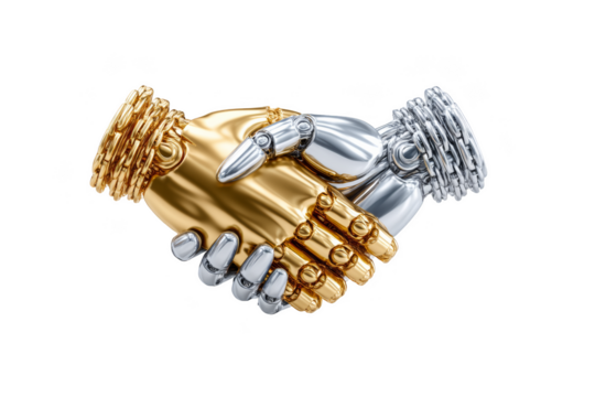 Two metallic hands clasped in a handshake, symbolizing agreement or partnership. Png, Transparent background.