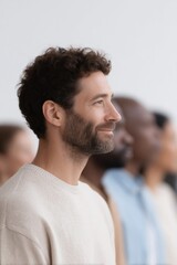 Obraz premium minimalistic team-building scene with diverse group of colleagues engaging in icebreaker activity