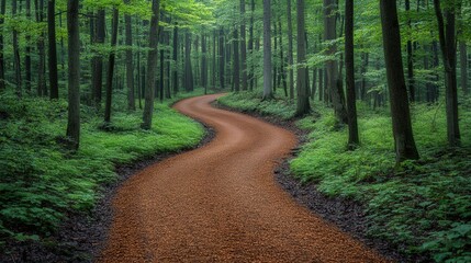 Obraz premium A winding forest path meanders through lush greenery.