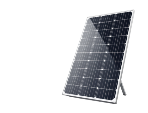 A solar panel with a metal frame is angled upright, showcasing its grid of photovoltaic cells.