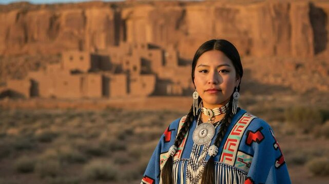 Portrait of a Native American Woman in Traditional Attire: Emphasizing Culture and Heritage Against a Desert Landscape