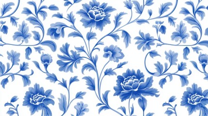 Delicate floral pattern, vibrant blue roses on a white background, perfect for fabric design or wallpaper accents.