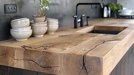 Wooden counter with ceramic sink and dishes in kitchen. HD 8K wallpaper Photographic Image
