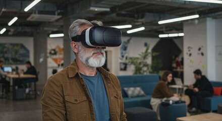 Elderly man exploring virtual reality in modern office space. Middle-aged man in startup hub with VR headset.