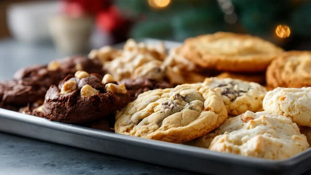 A tempting assortment of freshly baked cookies displayed on a metal tray, showcasing an inviting mixture of flavors and textures perfect for any occasion or sweet craving.