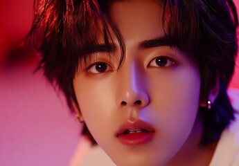 The portrait features a young Asian male with a striking silver hair color, posed in a studio to highlight his fashionable and elegant personality, as well as his groomed look