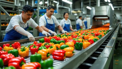 Obraz premium Workers sort colorful bell peppers on conveyor belt