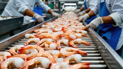 Conveyor Belt Full of Shrimps Workers Sorting Seafood