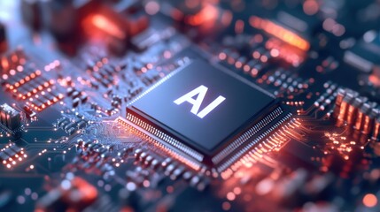 Obraz premium Close-up of a high-tech microchip, intricate circuitry with vibrant lights, emphasizes innovation in technology and electronics.