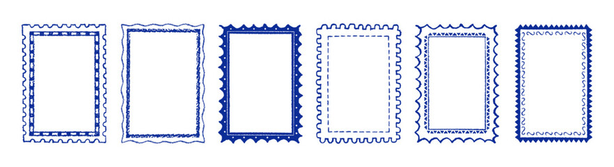 Stamp frames. Vintage coastal borders. Squiggle hand drawn frame for menu, wedding invitation, Italian party. Coastal ornament border design. Doodle wiggle retro stamp poster. Scallop crayon emblem bg