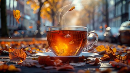 A steaming cup of black tea on a cozy patio, basking in sunlight HD 8K wallpaper Photographic Image

