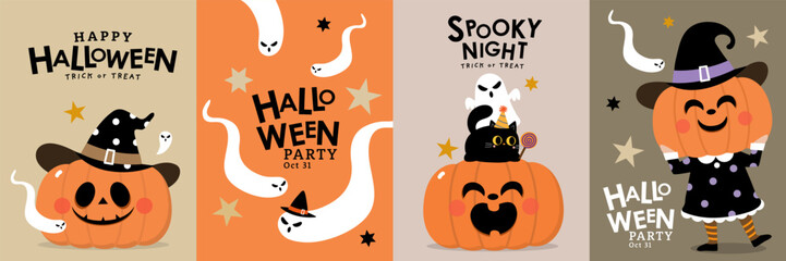 Happy halloween party invitation card with spooky pumpkin in witch hat and cute ghost. Holidays cartoon character. -Vector
