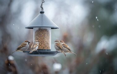 Winter Birds Feeding on Hanging Garden Feeder with Blurred Background