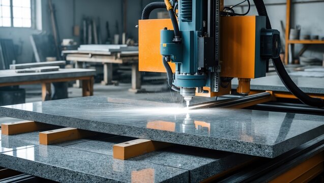 CNC machine cuts granite stone with water jet