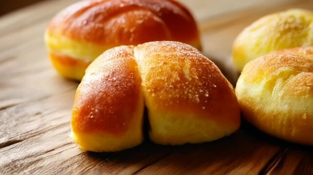 Close up of Golden Brown Concha Bread a Traditional Mexican Sweet Pastry on Rustic Wooden Table Perfect for Decoration or Celebrating Mexican Culture