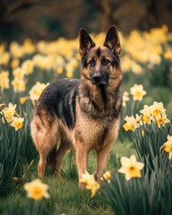 German Shepherd Dog in a Field of Daffodils