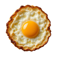 A fried egg with crispy edges and runny yolk, isolated on a white background.