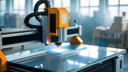 Modern orange laser cutter working in factory