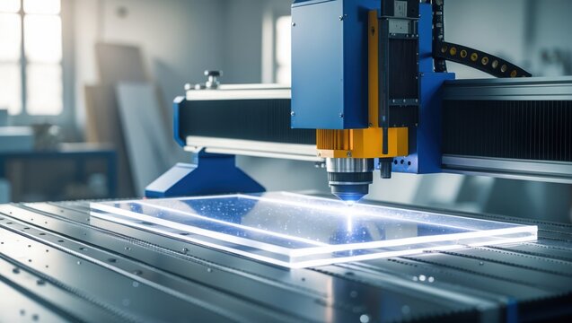 Blue cnc machine cutting glass in factory
