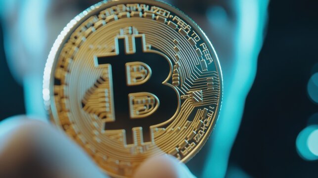 Crypto enthusiast holding a Bitcoin, young adult male focused on digital currency, highlighting financial innovation and investment.