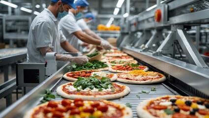 Workers add Toppings to Pizzas on Conveyor Belt