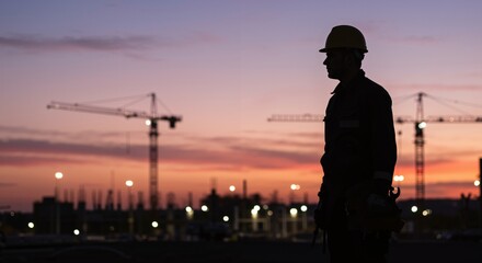 Fototapeta premium Silhouette of a Construction Worker at Dusk Overlooking a Skyline of Building Cranes During a Vibrant Sunset in Urban Development Area