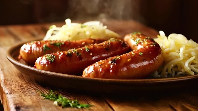 Close Up of Golden Grilled Sausages with Sauerkraut Served on Rustic Wooden Plate Perfect for German Festivity and Oktoberfest
