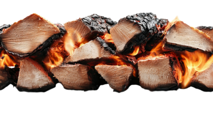 Png of A pile of log firewood, glowing embers visible, radiating warmth and inviting a cozy atmosphere.