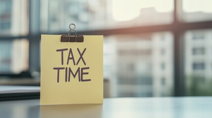 Tax reminder note on desk, bright office setting with natural light, emphasizes financial organization and planning.