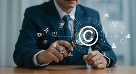 Professional Man in a Suit Analyzing Copyright Symbols Through a Magnifying Glass, Representing Intellectual Property and Legal Research in a Modern Office Environment