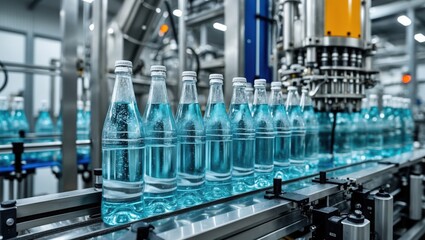 Bottling Line Fills Glass Bottles Blue Liquid