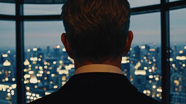 Businessman contemplates cityscape from highrise office at twilight
