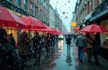 Obraz premium rain drops on the window, close -up, there are many red umbrellas outside the window