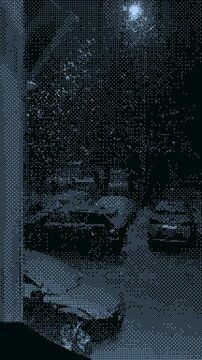 Pixelated snowfall animation with parked cars and streetlight. Dithering effect creates a retro digital look. Ideal for backgrounds, overlays, or atmospheric effects.