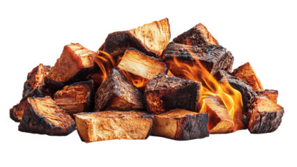 Png of A vibrant pile of wood logs burning, showcasing a warm glow and texture from the flames and charred wood.