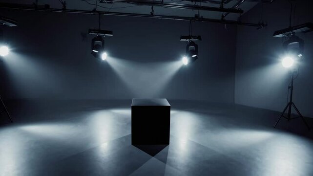 Mysterious spotlight movement illuminates dark studio with central object