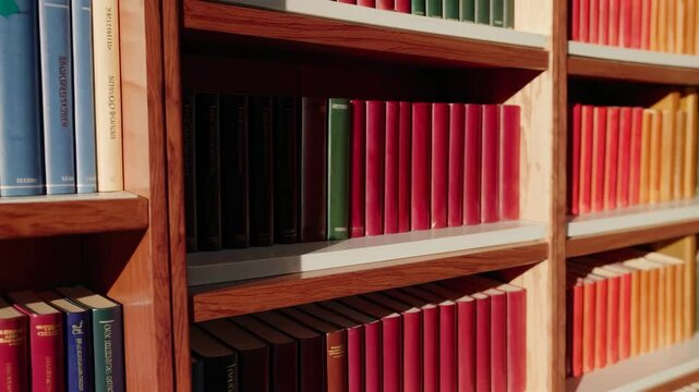 Vibrant library bookshelf closeup with colorful book spines and shifting focus in motion