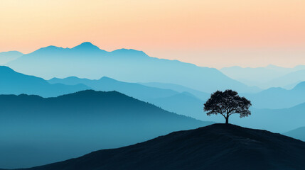 serene landscape featuring solitary tree on hill, surrounded by layered mountains in soft hues of blue and orange during sunset
