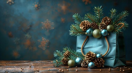 Festive holiday shopping bag on wooden table with christmas decorations  HD 8K wallpaper Photographic Image