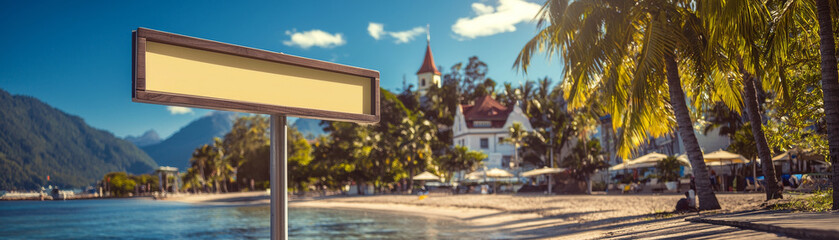 beautiful beach scene featuring blank signpost, palm trees, and picturesque building in background. serene atmosphere evokes sense of relaxation and tranquility