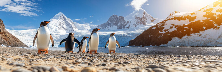 Gentle penguins walk along rocky shore, surrounded by stunning snow capped mountains and clear blue sky. serene landscape evokes sense of tranquility and wonder