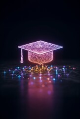 Fototapeta premium A Vibrant Graduation Cap Surrounded by Colorful Lights, Symbolizing Academic Achievement and the Joy of Learning in a Dark Setting