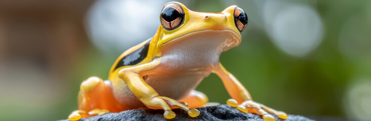 vibrant yellow frog with striking black markings sits rock, showcasing its glossy skin and large, expressive eyes. background is softly blurred, emphasizing frog vivid colors and unique features