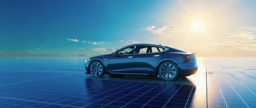 EV Electric car on the Solar panel roof sustainable energy idea concept