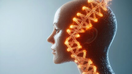 Futuristic human profile with glowing DNA strand, highlighting genetics and biotechnology themes, ideal for educational content.