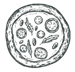 Italian traditional pizza wuth tomato in whimsial sketch style on transparent background